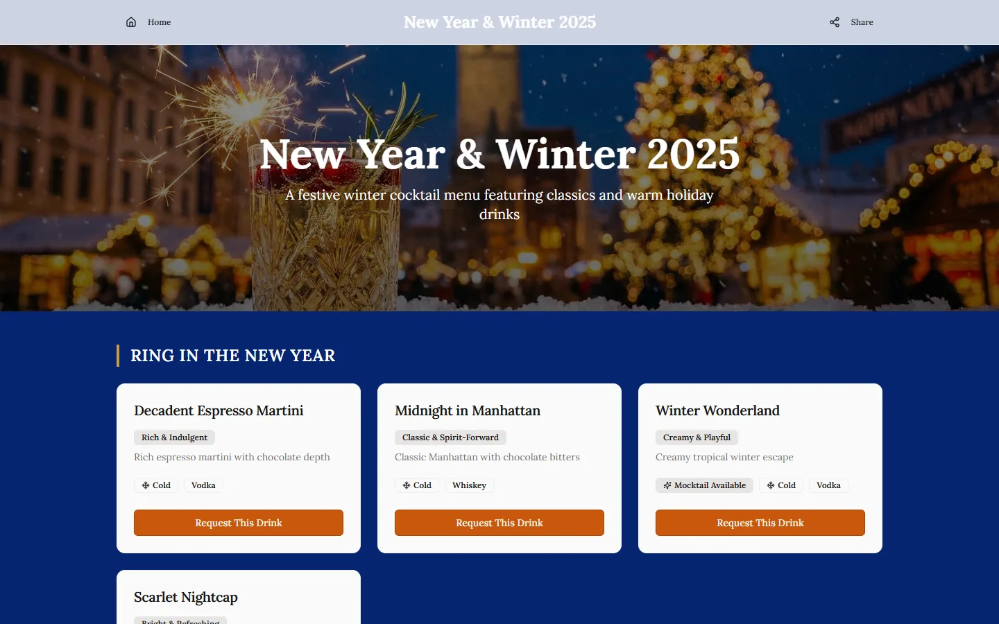 BarMenu showing the New Year and Winter menu: a header photo, then drink cards with a Request This Drink button on each.